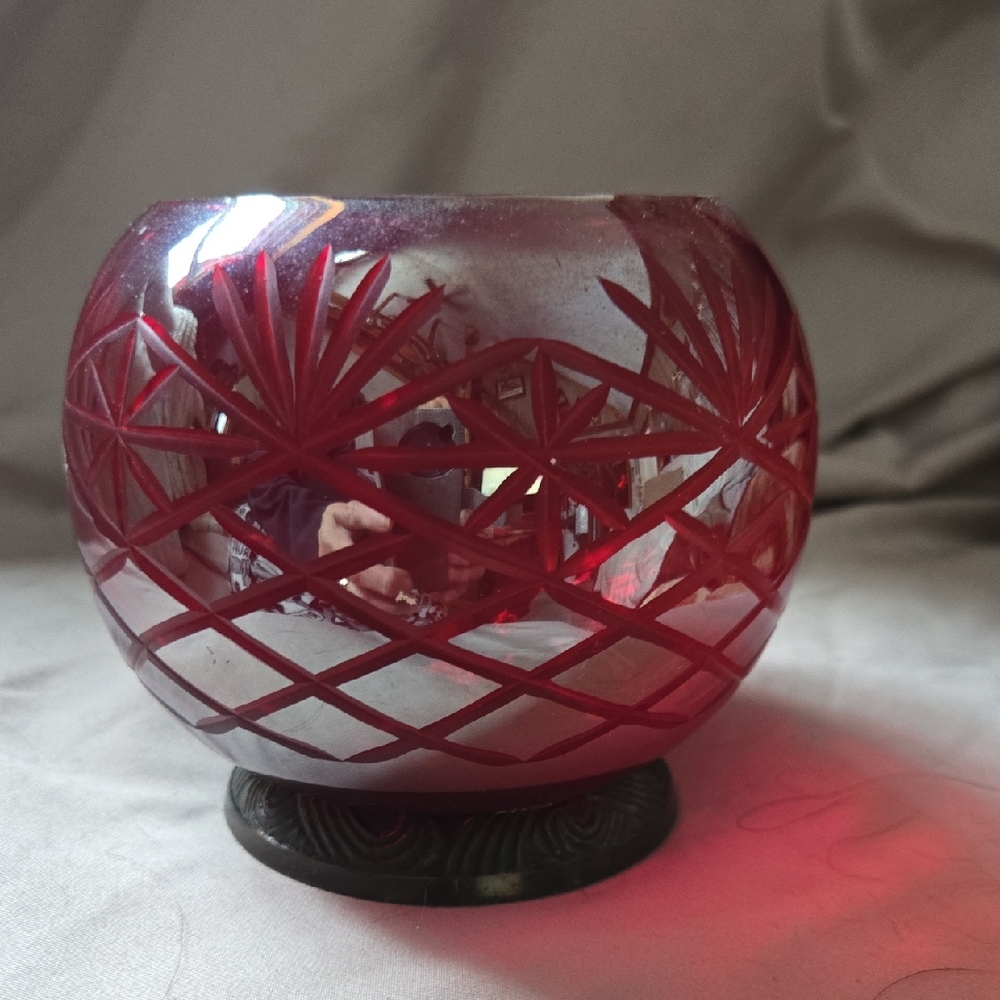 Red Cut Glass Candle Holder